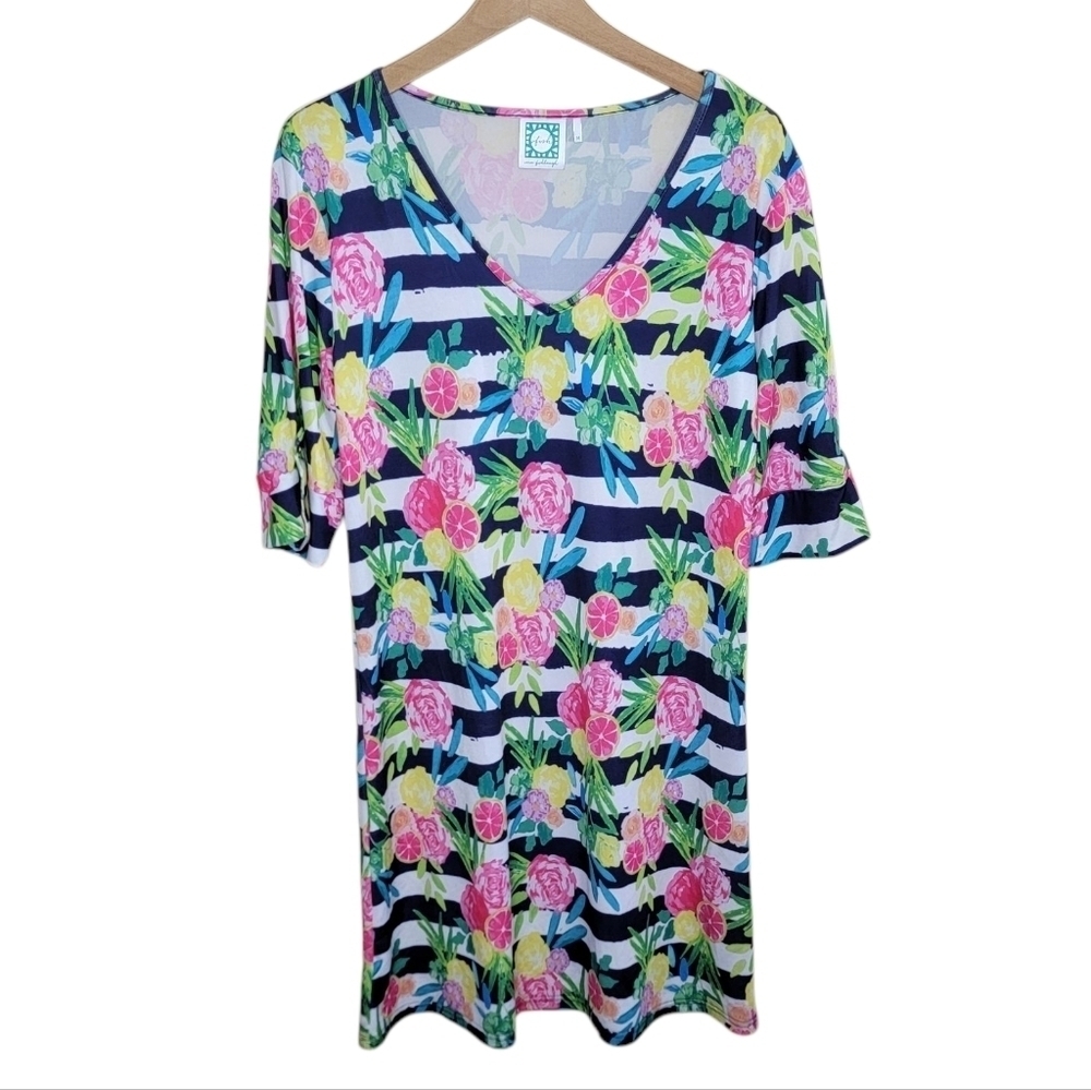 Vfish Vera Fishbaugh Colorful Striped Floral Fruit V-neck Dress Size Medium